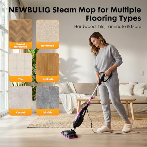 Image of NEWBULIG 14-in-1 Steam Mop, Powerful Detachable Handheld Steam Cleaner for Floor Cleaning with 2 Washable Pads, 16.4 FT Cord, Multi-Purpose Floor Steamer for Hardwood, Clothes, Carpet, Tile, Grout