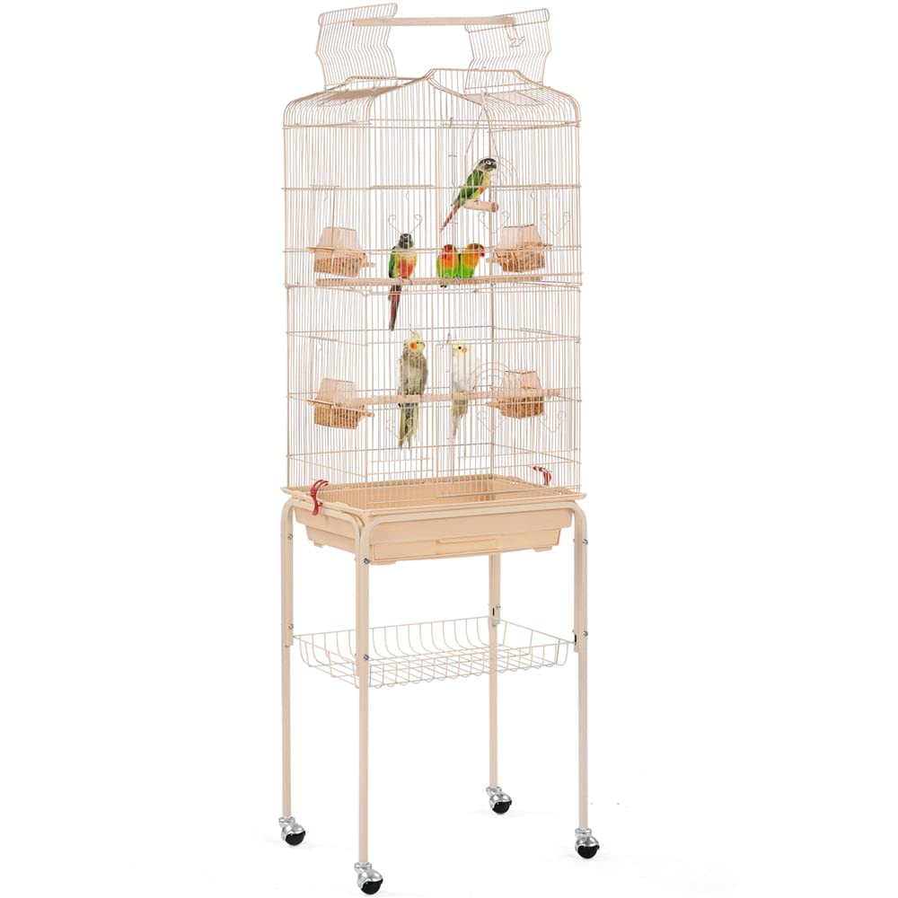 Rolling Birdcage with Slide-Out Tray Open Top Almond Steel Big Fly for Briding Outdoor Aviary Cages Flight Extra Large Bird Cage Parrot Cockatiel Canary Large Bird Flight Cage with Rolling Stand