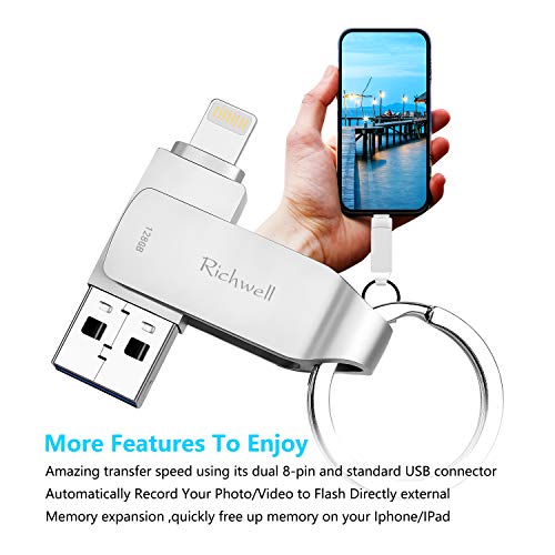 USB Flash Drive 128GB Thumb Drive for iPhone Memory Stick USB3.0 for iPad Photo Stick 3in1 External Drive Richwell for Apple iPhone iPad iOS Mac Android and PC(03Black128G) - Thumbnail 7