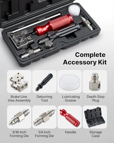 Image of VEVOR Brake Line Flaring Tool Kit, 45 Single & Double Flare Tool for 3 /16 inch, 1 /4 inch Copper Tubing - with 2 Forming Dies, Deburring Tool & Toolbox for Automotive Brake Hydraulic Line Repair