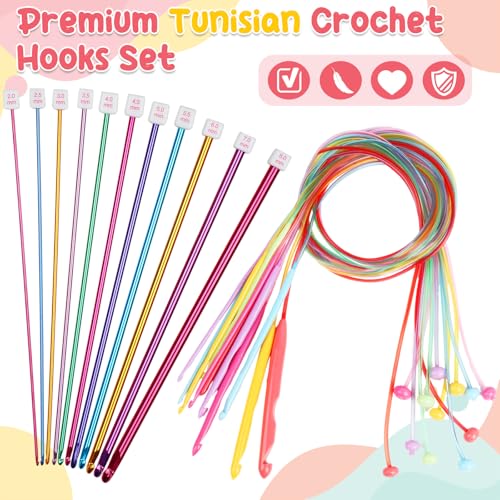 Image of Aeelike Tunisian Crochet Hooks Set with Cable, 11PCS Tunisian Crochet Hook 2-8 mm Aluminum 12 PCS Colorful Afghan Crochet Hooks 3.5-12 mm, Smooth Long Tunisian Crochet Hook with Cable for Beginner