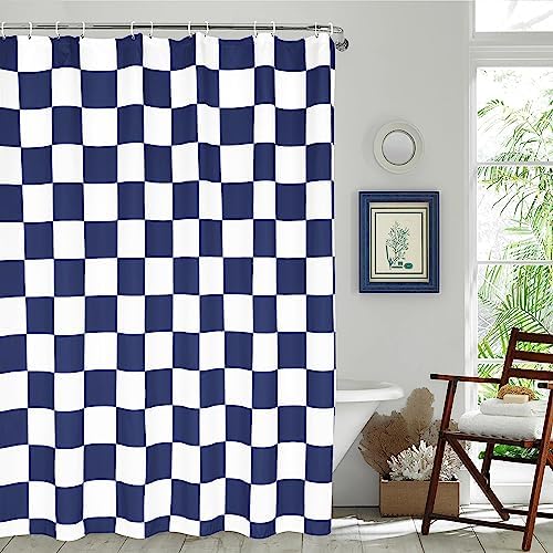 Tititex Aesthetic Checkerboard Grid Pattern Faux Linen Fabric Shower Curtain,
