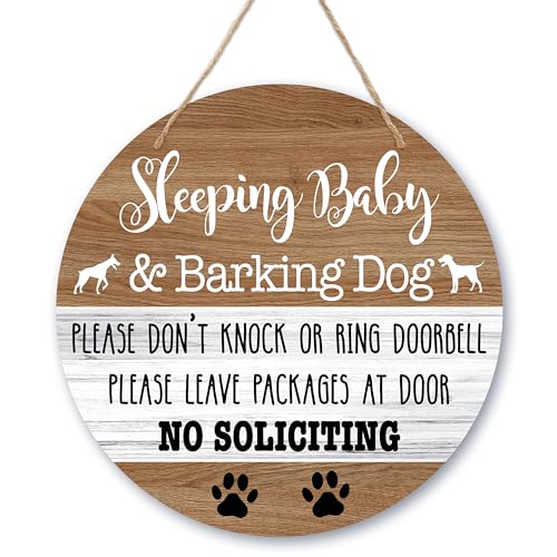 Baby Sleeping Sign Decor Do Not Knock Or Ring Doorbell Hanging Sign For Front Door No Soliciting Sign For Home Baby Room Nursery Outdoor Funny Dog Warning Round Door Hanger Decorations -b03
