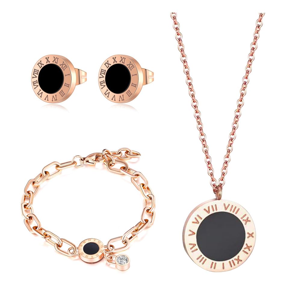 RPAEOY Conjuntos de Joyas para Mujer y Niñas Números Romanos Circón Acero Inoxidable Chapado en Oro Plata Colgante Collar Pendientes Pulsera Fiesta Boda Nupcial Dama de Honor