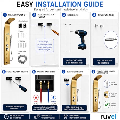 Image of RUVEL Shower Panel - Sayflow with 7-in-1 Hydro Powered LED Display, Rainfall Shower Head, Waterfall Shower, Dual Body Massage Jets, 360 Adjustable Mist Spray, Handheld Shower, Tub Spout (Gold)