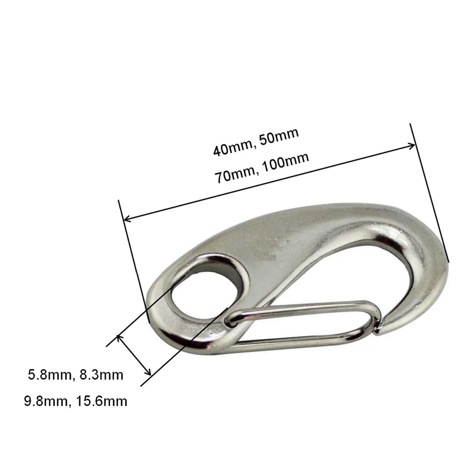 Karabinerhaken in Eiform, 304 Edelstahl, 70 mm Länge, Schnellspanner, Feder-Karabinerhaken, Sicherheits-Metallverbindung, 10 Stück