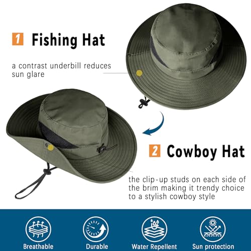ZOORON Sun Hats for Men Women, Wide Brim Safari Hats UV Protection UPF50+ Waterproof Boonie Hats for Fishing Hiking Camping (1Pack-Army Green) - image 5
