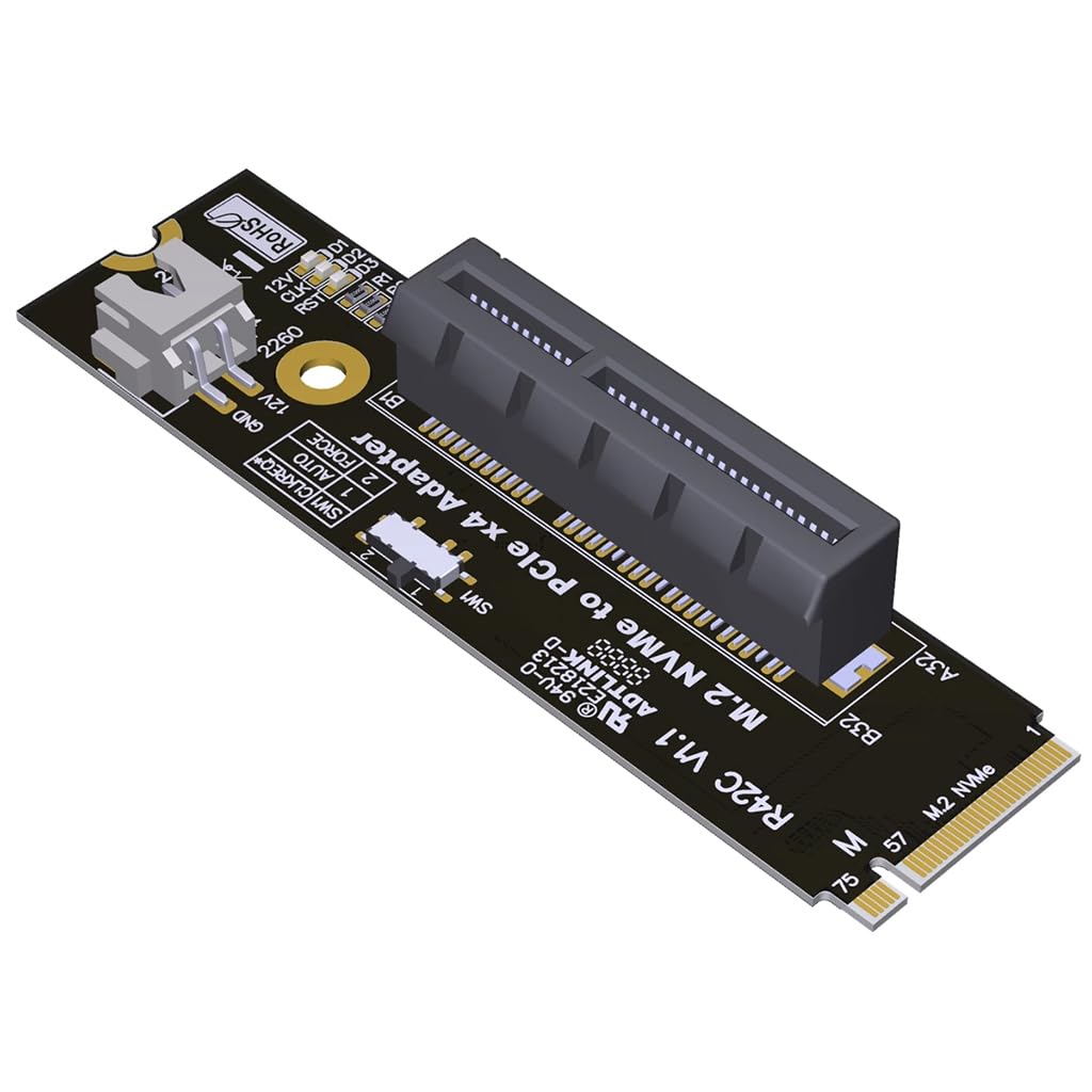 JMT ADT-R4 PCIe 4.0 M.2 Key-M to PCI-E X4 X16 Riser Adapter Card with SATA Power Cable Compatible with M.2 NVMe SSD 2260 2280 (R42C, to X4)