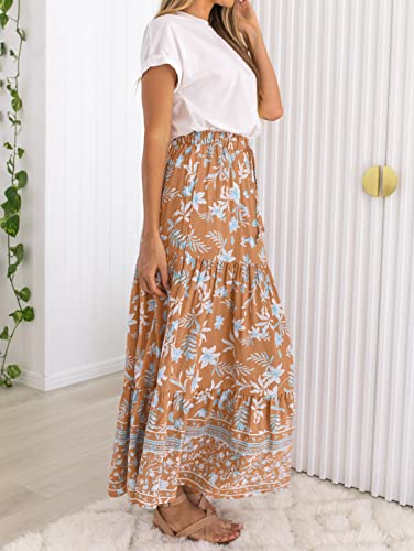 ZESICA Women's 2025 Summer Bohemian Floral Printed Elastic Waist A Line Maxi Skirt with Pockets4