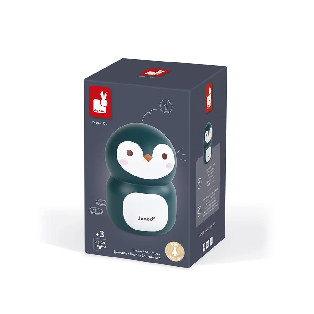 Janod - Penguin Wooden Children’s Money Box 5.9 inch - Children's Room Decoration - Suitable for Ages 3 and Up, J04650