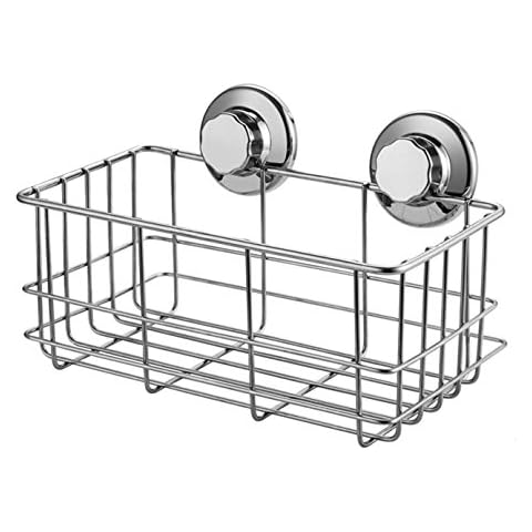 SANNO Suction Cup Shower Caddy Bath Wall Shelf, Deep Bathroom Basket Large Shower Caddy Bath Organizer Kitchen Storage Basket for Gel Holder Bathroom Storage Shampoo, Conditioner -Stainless steel Cover