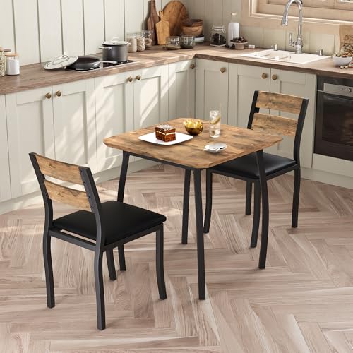 GarveeHome Dining Table Set for 2, Farmhouse 3 Piece Kitchen Table and Chair Set with Upholstered Chair, Metal Frame Dining Room Table and Chairs for Small Space, Apartment, Black+Retro