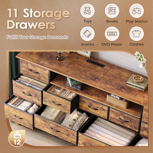 Huuger 63 Inch TV Stand for 65, 70 Inch TV, 11 Drawer Long Dresser with Power Outlets and LED Lights, Entertainment Center with Storage, Rustic Brown Dresser with PU Leather Surface
