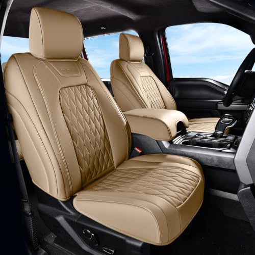 Image of Coverado Premium Leather Truck Front Seat Covers - Custom Fit, Waterproof, Heavy Duty, Anti-Spill, Scratch Resistant Protector for Ford F150 2015-2026, F250-F450, Beige