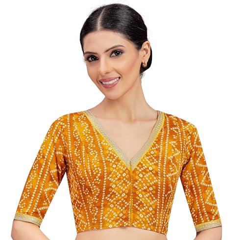 Image of Studio Shringaar Women's Cotton Bandhni Printed & Embroidered Saree Blouse With Elbow Length Sleeves