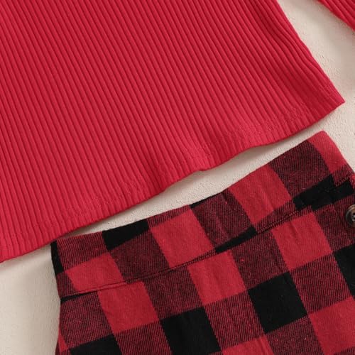 Image of BeQeuewll Fall Winter Toddler Baby Girl Clothes 2Pcs Long Sleeve Ribbed Knit Shirt Plaid Skirt 1T 2T 3T 4T 5T Girls Dress