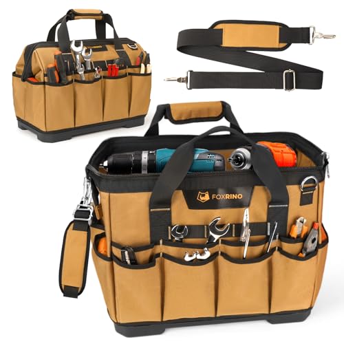 Foxrino 16 Inch Wide-Mouth Tool Bag, Heavy Duty Tool Bags for Men with Waterproof Molded Base and Adjustable Shoulder Strap