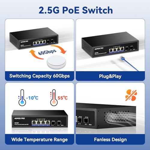 Image of 6 Port 2.5G PoE Switch,AUMOX PRO 4 Port 2.5G Network Unmanaged Switch with 2x10G SFP Gigabit Ethernet Unmanaged PoE Switch 75W,Compatible with 100 /1000 /2500Mbps Plug and Play