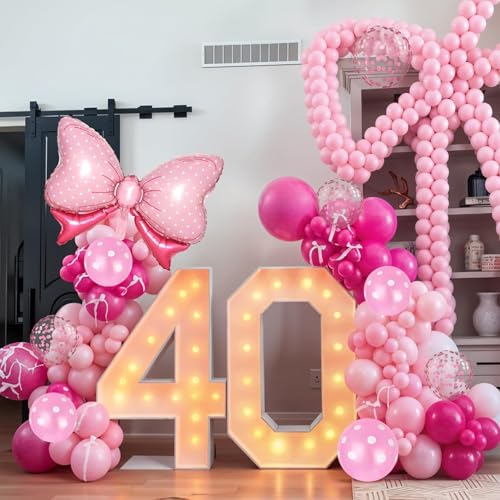 Image of Pink Bow Balloons, 62Pcs 12Inch Hot Pink Bow Foil Balloons Set, Polka Dot and Confetti Latex Balloon for Girls Women Birthdays Baby Shower Bridal Bachelorette Cartoon Theme Valentine Party Decoration