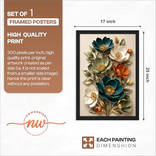 Image of NoWorries 3D Floral Wall Painting with Frame Set of 1 | Premium Textured Teal White Orange Flower Artwork, Luxury Botanical Nature Wall Decor for Living Room, Bedroom, Office and Home Decoration (3d Art-13,17x25inch)
