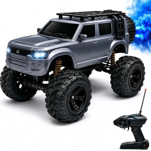 Image of Big Silver Remote Control Car Toy | Defender | Smoke and LED Light | Monster Truck Remote Control 4x4 | Rechargeable Car | 2.4G Remote Control |High Speed | 100m Range | Birthday Gift for Kids