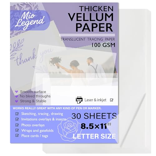Vellum Paper 8.5 x 11 Translucent Printable 100gsm/68lbs Vellum Tracing Paper Translucent Vellum Paper for Invitation Greeting Cards Tracing Paper Pad for Drawing Sketching Writing (30 Sheets)