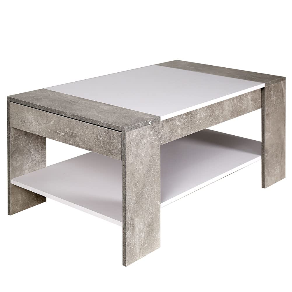 BAKAJI Tavolino Divano Tavolo Caffè da Salotto Rettangolare Design Moderno in Legno MDF con Ripiano Inferiore e Cassetto a Scomparsa Dimensione 100 x 58 x 44 cm Colore Grigio Effetto Cemento