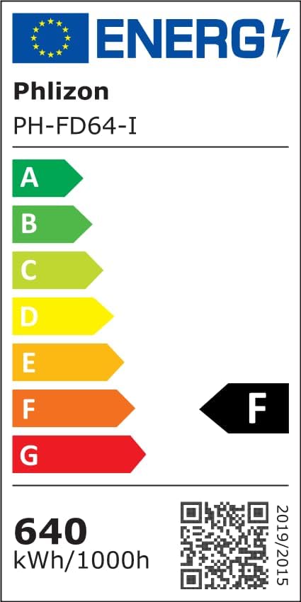 EU Energy Label for Phlizon PH-FD64-I showing energy efficiency class F and 640 kWh/1000h consumption.