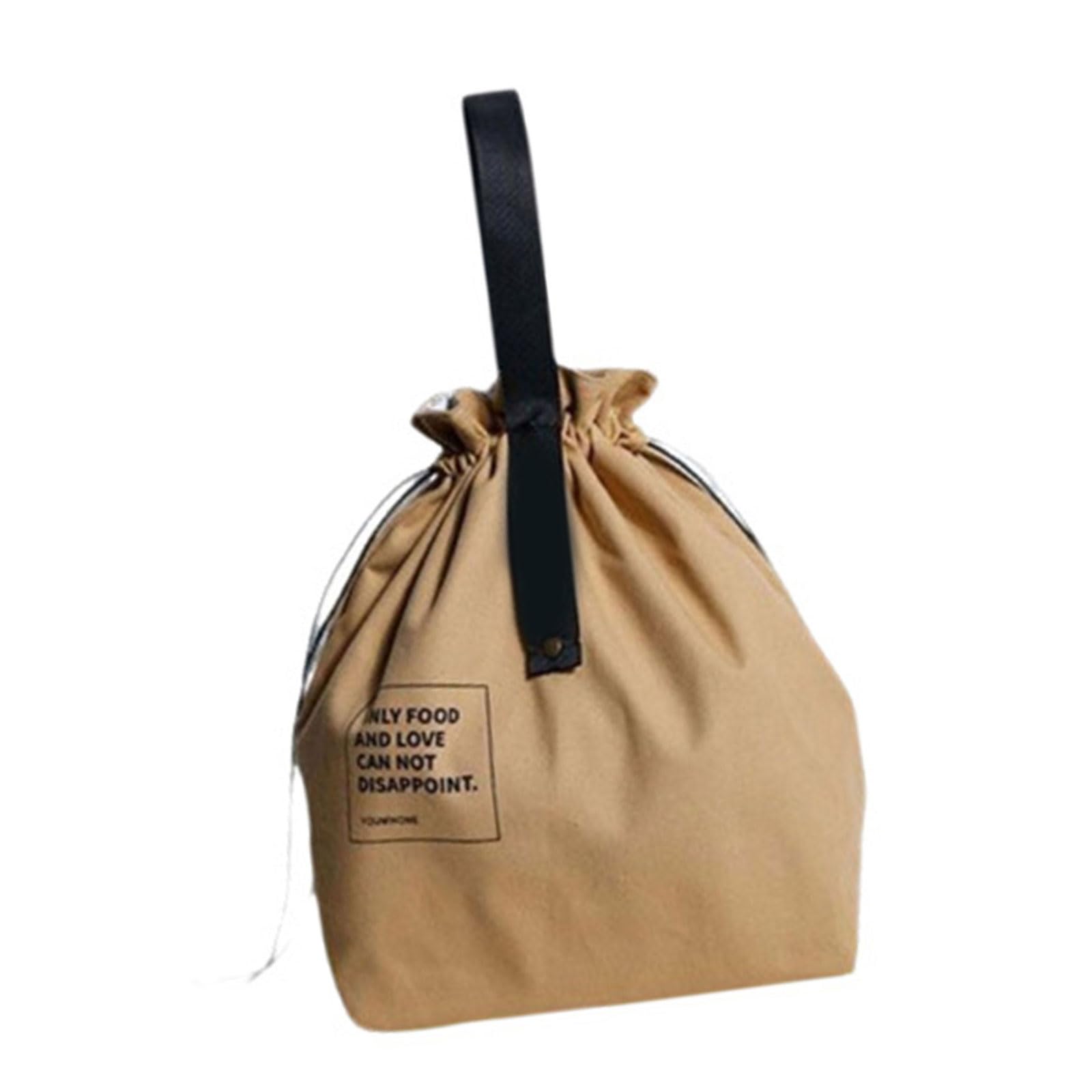 Pangboer Khaki Lunch Storage Tote With Hand Carry Strap, Drawstring Access, Insulated Meal Space, Canvas Look Exterior Portable Meal Tote Insulated Food Bag Drawstring Lunch