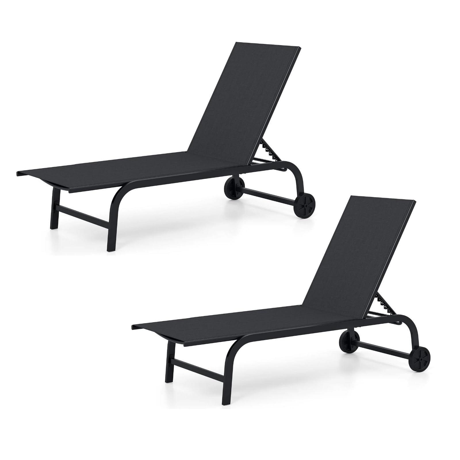 KOMFOTTEU 1/2er-Set Gartenliege mit Rädern, Stoffliege mit 6-fach verstellbarer Rückenlehne, Liegestuhl für den Außenbereich, Belastung 150 kg, für Balkon, Terrasse, Pool (schwarz x 2)
