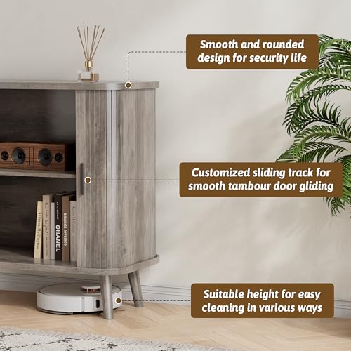 Image of BORNOON Buffet Cabinet with Storage, Curved-Edge Fluted Storage Cabinet Sideboard, Modern Black Sideboard Buffet with Adjustable Shelves & Sliding Door for Dining Room, Kitchen, Entryway (Wood)