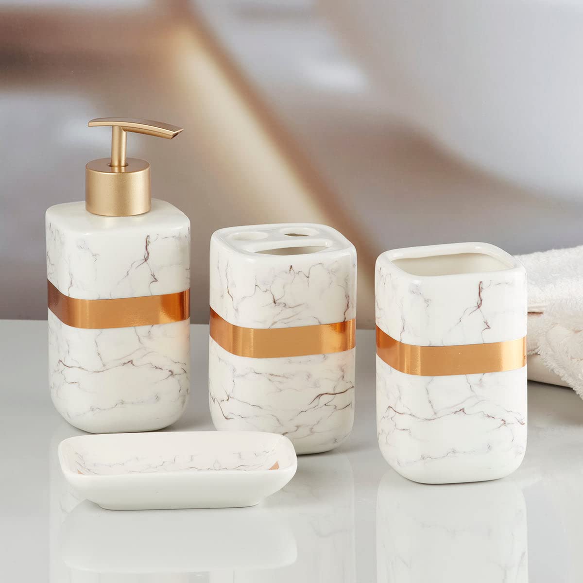 Kookee Ceramic Bathroom Accessories Set of 4, Modern Bath Set with Liquid handwash Soap Dispenser and Toothbrush Holder, Luxury Gift Accessory for Home, White/Gold (8164) (B09MD3QQXY) Amazon Price History, Amazon Price Tracker