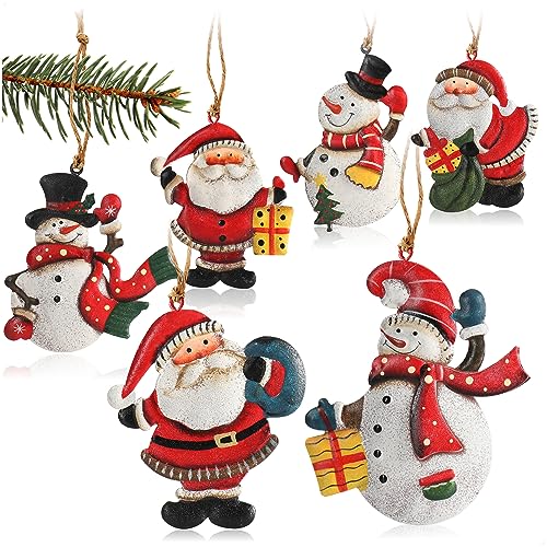 COM-FOUR® 6x Ciondoli in metallo per l'albero di Natale - Addobbi per l'albero di Natale - Addobbi natalizi con pupazzo di neve e Babbo Natale (6 pezzi - Babbo Natale + pupazzo di neve - grande)