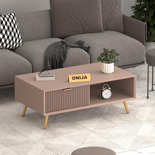Image of ONIJA Modern Coffee Table for Living Room | HDMR Premium Wood Center Table with Storage Shelf | Matte Finish Coffee Table | Wooden Tea Table with Sturdy Legs (Mocha Beige)