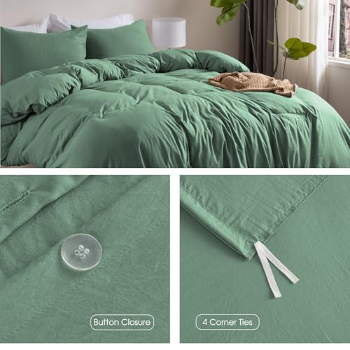 Image of Super Soft Queen Duvet Cover Set, 3 Piece Prewashed Microfiber Cotton-Like Bedding Set, Granite Green Duvet Cover 90x90 with Button Closure, 2 Pillow Shams for All Seasons,Comforter Not Included