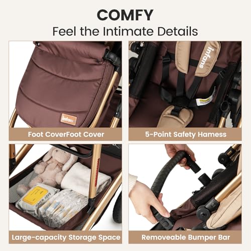 Image of INFANS 2 in 1 Baby Stroller, Folding Newborn Pram Convertible Bassinet for Infant Foldable High Landscape Shock Absorption with Reversible Seat Aluminum Structure for Pushchair (Khaki Upgrade)