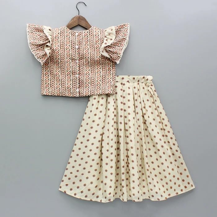 Image of Gorlya Girls Cream & Maroon Printed Lehenga Choli Set | Ruffle Sleeve Blouse with Flared Skirt & Latkan | Ethnic Indian Outfit for Weddings, Parties & Festivals