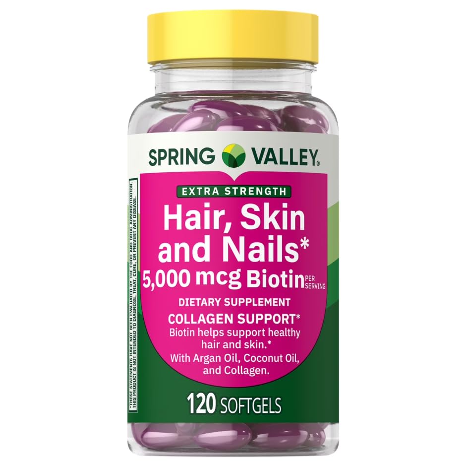 Spring Valley Extra Strength Hair, Skin & Nails Dietary Supplement, 5000 mcg Biotin, 120 Capsules