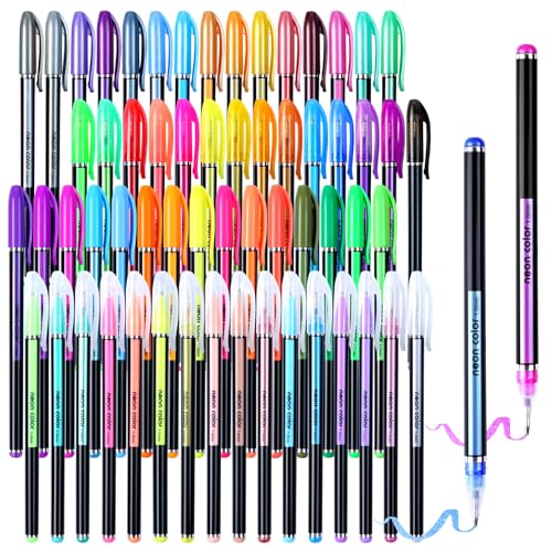 joyoldelf 60 bolígrafos de gel de colores – 15 metalizados, 15 purpurina, 15 neón con purpurina, 15 bolígrafos, punta fina colores estándar punta de bolígrafos con purpurina de colores, bolígrafos de