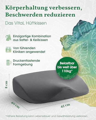 VitaL Kissen® – Hüftkissen- das Original. Orthopädisches Sitzkissen – Ergonomisches Keilkissen für Bürostuhl & Stuhl – Entlastet Rücken, Hüfte, Knie & LWS – Gegen Schmerzen & für aufrechtes Sitzen