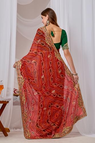 Image of Women's Georgette Bandhani Printed Embroidery Saree with Unstitched Blouse Piece