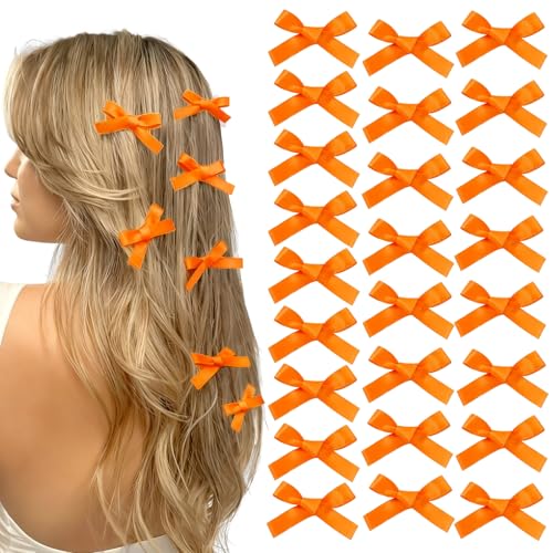 25PCS Orange Mini Bows Ribbon Clips 2 Tiny Orange Bow Barrettes Hair Bow Satin Hair Ribbon for Women & Girls Hair Accessories