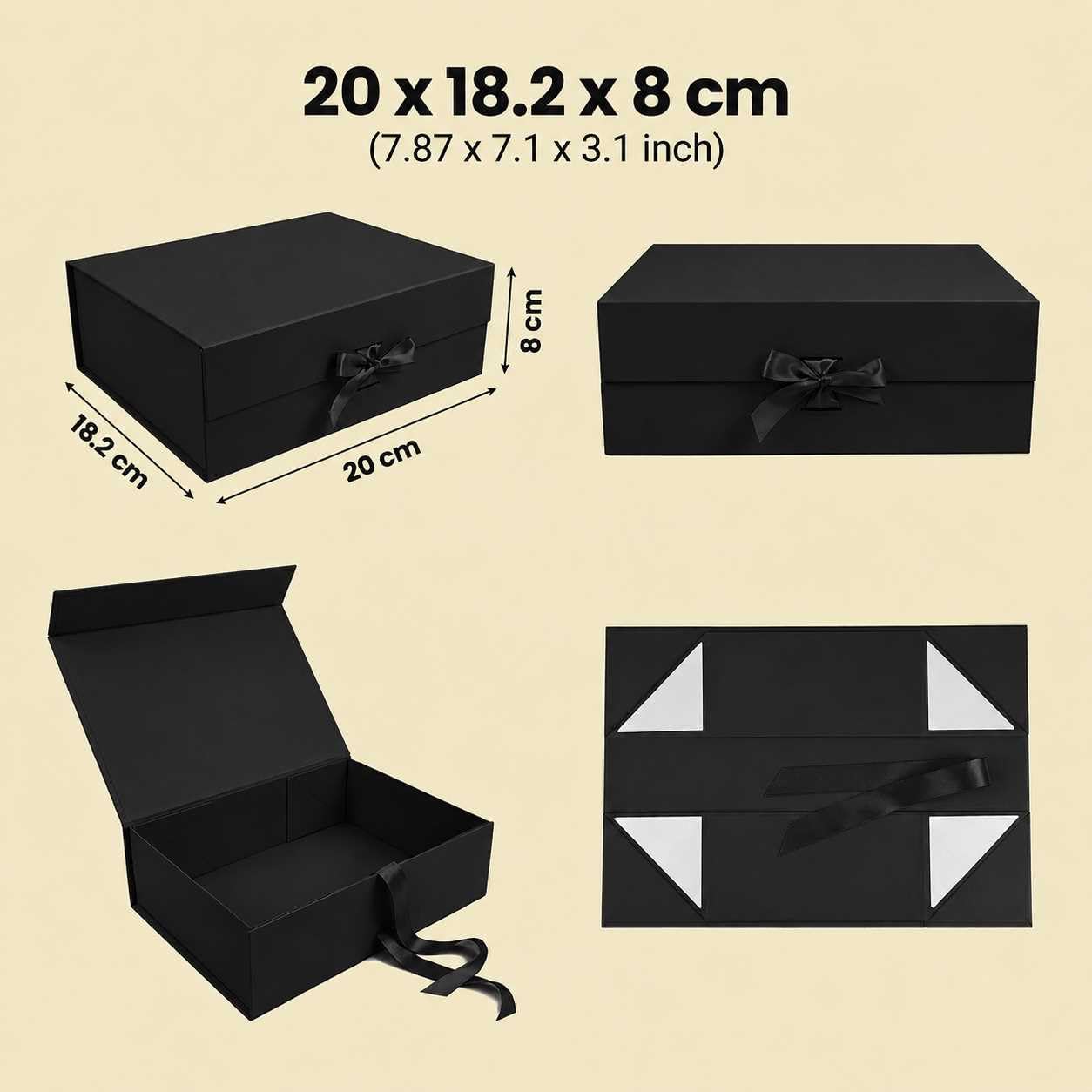 Emartbuy Schwarze magnetische Geschenkbox mit Schleife, 20 cm x 18,2 cm x 8 cm, 5 Stück