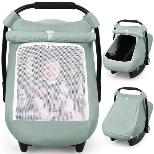 Image of Rquite Car Seat Cover Baby, Carseat Covers Girl Boy, Breathable Muslin Cotton, Large Mesh Window, Infant Car Seat Canopy Baby Carrier Cover Stroller Sun Shade for Summer & Hot Day, Green