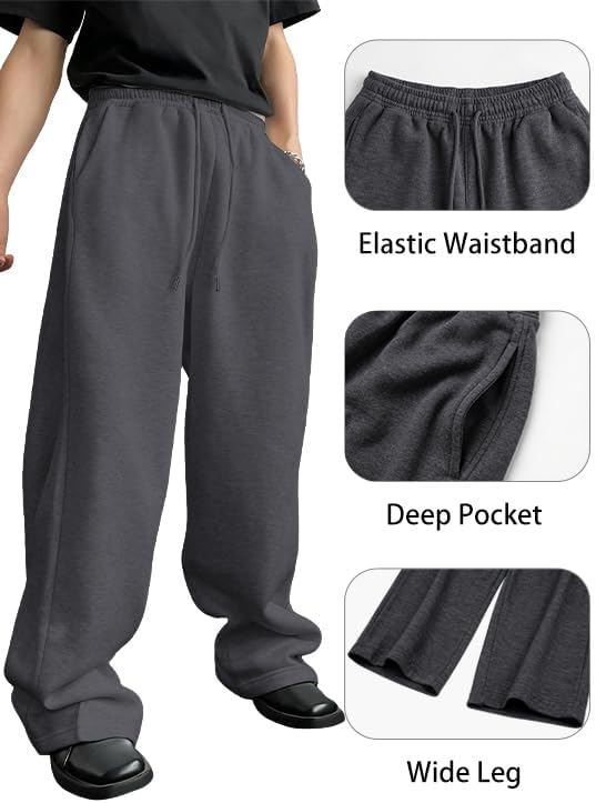 Wangdo Men's Baggy Sweatpants Wide Leg Lounge Cotton Jogging Pants Casual Elastic Waist Joggers with Pockets - Image 4