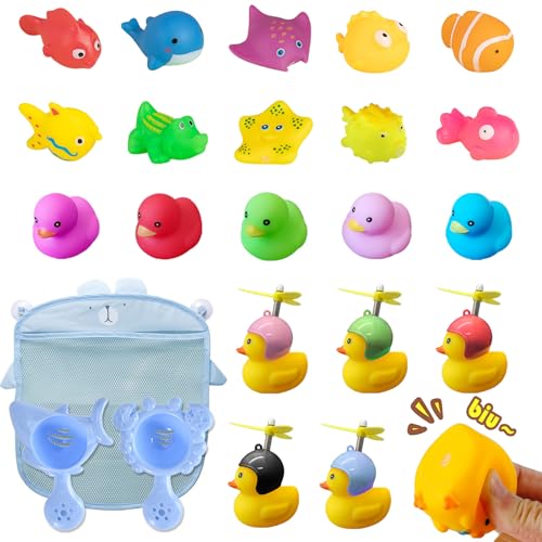 お風呂 おもちゃ アヒルちゃん 浴室おもちゃ 【28点セット】 水遊び プールおもちゃ メッシュバッグ 音が出る カラフル 可愛い シャワー プール 収納ネット付 男の子 女の子 誕生日 クリスマス プレセント ギフト (28個)