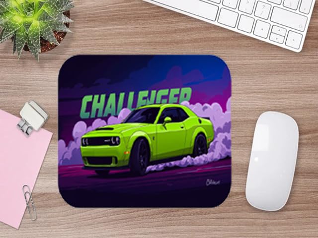 Image of Shivor Gaming Mouse Pad | Large Desktop Mat | Neon Green Sports Car Printed Design | Purple Night Sky Background | Heat Resistant Rubber Base | Anti Fray Stitched Edges | Green and Purple