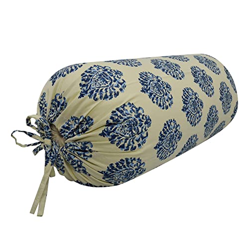 Image of Trance Home Linen Premium 16x32 Inches 100% Cotton Bolster Covers with Tie Knot | Anti-Pill 200 Tc Thread Count | Dewan Bed Round Pillow Cover (Damask Blue - Pack of 2)