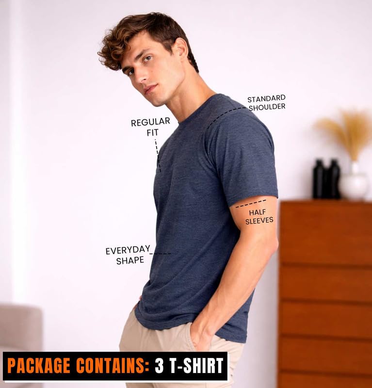 Image of Sleepynuts Half Sleeve Round Neck 100% Cotton Tshirt for Mens Pack of 3 Regular Fit Solid T-Shirts Combo