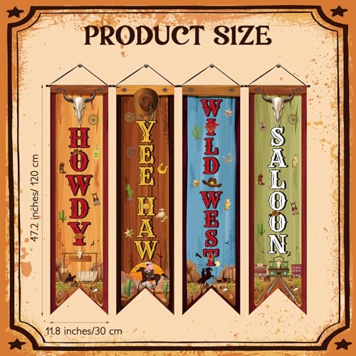 Image of Chiisong 4 Western Party Decorations Cowboy Banners Wild West Hanging Decor Howdy Yes Haw Porch Sign Backdrops for Indoor Outdoor Cowboy Birthday Photo Props Wedding Party Supplies (Wild)